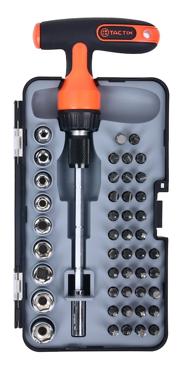 Tactix 48-Piece Ratchet T-Handle Screwdriver and Socket Set, CR-V Bits &amp; Sockets, Phillips, Slotted, Torx, Hex, Pozidriv, Drive Adaptor, Extension Bar, Precision Hand Tool Kit- 900181