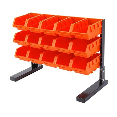 Tactix 15 Pc Tabletop Bin Rack, Heavy-Duty Powder-Coated Metal Rack Frame Storage Organizer with Removable Bins, Easy Assembly for Garage, Home &amp; Office, Orange- 320621
