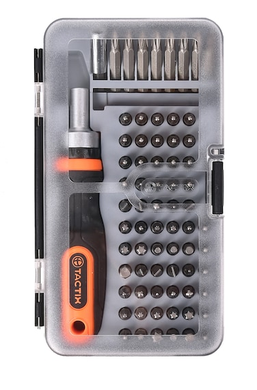 Tactix 71-Piece CR-V Bit Set with Ratchet Driver, Precision Screwdriver Set for Home Repair &amp; Professional Use, Includes Slotted, Phillips, Torx, Hex &amp; More, Black/Orange- 900179