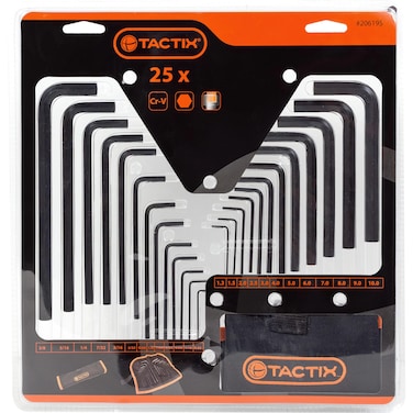 Tactix 25-Piece Hex Key Wrench Set, L Shape Allen Keys Metric and SAE Allen Wrenches (1.3&ndash;10mm / 0.05&ndash;3/8 inch), Chrome Vanadium Steel with Nylon Pouch - 206195
