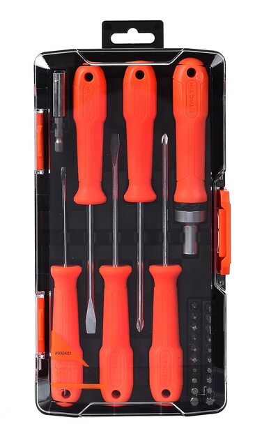 Tactix Screwdriver Set, 34 Piece with Precision, Stubby, and Ratchet Drivers, Includes 20 Bits, Extension Bar, Compact Durable Clear Storage Case, Orange- 900401