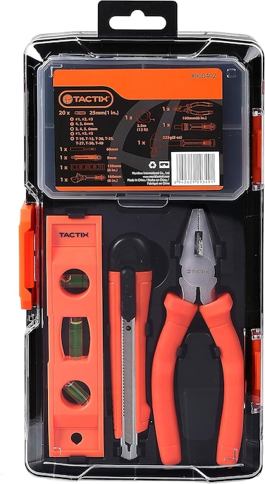 Tactix 28 Piece Tool Set, General Household Hand Tool Kit with Clear Plastic Toolbox Storage Case, All Purpose Home Tool Kit for Home Garage Office, Orange, TTX-900402