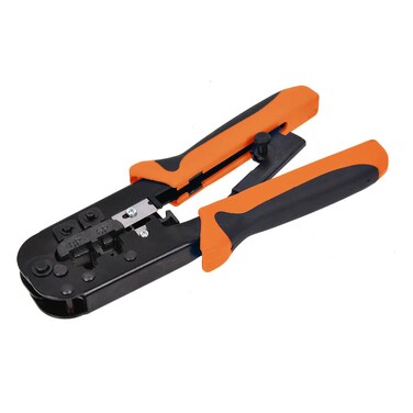 Tactix 3-in-1 Crimping Tool with Ratchet Function, Connector Crimper, Cuts &amp; Strips Network &amp; Telephone Cables, Durable &amp; Professional Grade, Black/Orange- 401013