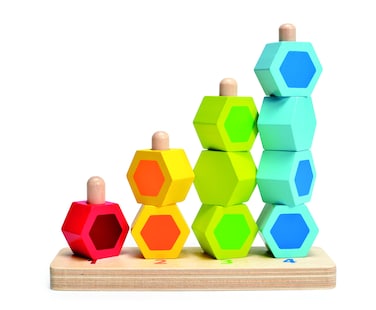 Counting Stacker by Hape   Wooden Stacking Block Building Puzzle Game Educational Set for Toddlers, Solid Wood Hexagon Blocks in Bright Rainbow Colors