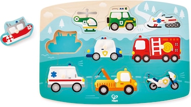 Hape Emergency Peg Puzzle, Multi Color Wooden 9 Piece Peg Puzzle, For Toddlers, Wooden Puzzles, Interactive Vehicles Kids Toy, Non-Toxic &amp; Child-Safe