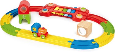 Hape Sensory Railway Circuit   Colorful Wooden Train Set With Accessories, Musical Kids Toy Built-In Xylophone, Rattle And Mirror Block, Multi-Colored