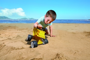 Hape Dump Truck - Mini Sand Vehicle Car Toy for Kids   Four-Wheeled Beach Toy   Sand Toy   With Rubber Tires   Independent Wheel Turning   Ages 12 Months+