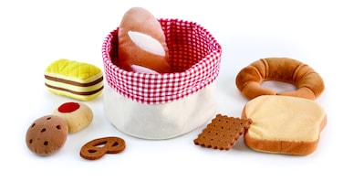 Hape Toddler Bread Basket  Soft Pretend Food Playset for Kids, Bread Toy Basket Includes Toast, Jam Cookie, Cake, Soda Biscuit And More