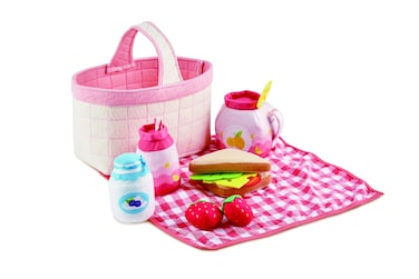 Hape Toddler Picnic Basket   Soft Fabric Pretend Food Playset for Kids, Includes Basket, Fruit, Sandwich, Picnic Cloth  18 Months +