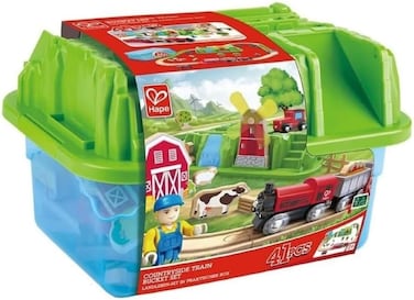 مجموعة قطار هيبي الريفي   سكة حديد خشبية مكونة من 41 قطعة مع ملحقات مستوحاة من المزرعة وصندوق تخزين. لعبة خيالية، وهندسة، وتنمية المهارات الحركية الدقيقة. مناسبة للأطفال من عمر 3 سنوات فما فوق.