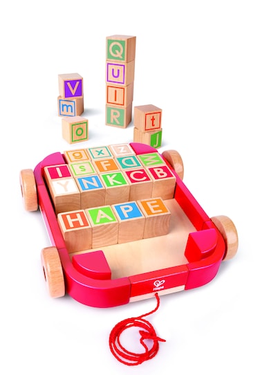 Hape, Pull-Along Cart With Stacking Alphabet Blocks, Includes 26-Blocks & Roll Cart Toddler Wooden Toy, For 24M & Above, Promotes Colour & Shape Recognition
