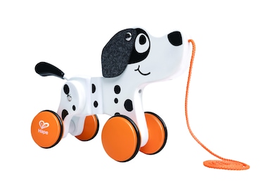 Hape Wooden Dalmatian Push and Pull Along Toy   Interactive Puppy Toy with Non-Scratch Wheels  Enhance Walking Skill For Toddlers   High-Quality Wooden Toy