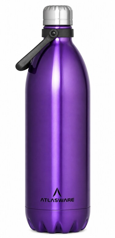 Atlasware Stainless Steel Vacuum Bottle with Carry Handle, Double-Wall Insulated and Leak-Resistant, Purple, 1750 ml