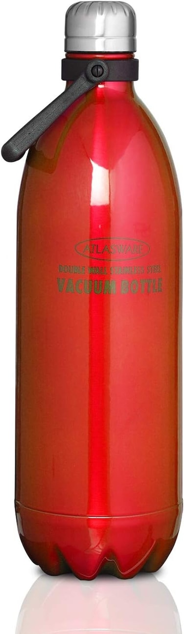 Atlasware Stainless Steel Vacuum Bottle with Carry Handle, Double-Wall Insulated and Leak-Resistant, Red, 1750 ml