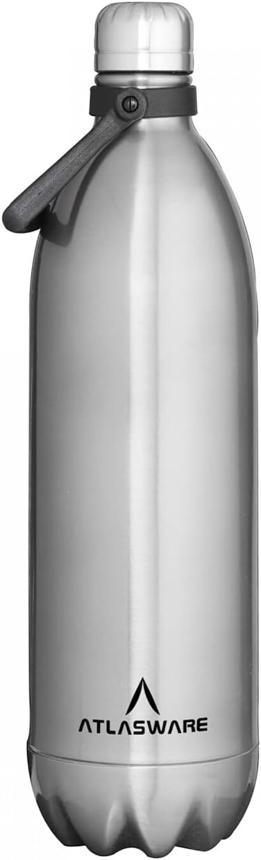 Atlasware Stainless Steel Vacuum Bottle with Carry Handle, Double-Wall Insulated and Leak-Resistant, Matt Steel, 1750 ml