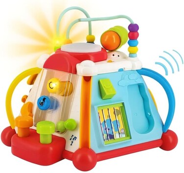 مكعب الأنشطة التفاعلي هولا 15 في 1، لعبة تفاعلية للأطفال الصغار من عمر 1-3 سنوات، موسيقى، أضواء، تروس دوارة، خرز مطرقة، هاتف، ميكروفون، طبل، والمزيد، ينمي المهارات الحركية والخيال. مناسب للأطفال من