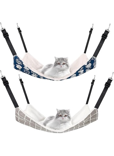 2 Pieces Reversible Cat Hanging Hammock Soft Breathable Pet Cage Hammock with Adjustable Straps and Metal Hooks Double-Sided Hanging Bed for Cats Small Dogs Rabbits and Other Small Animals 40x50cm