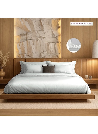 LIVING Polyester Queen Fitted Bedsheet Set-300 TC Silken Berry Art Silk Satin. 1 Sheet 160x200x30 cm / 2 Pillow Covers: 50x75 cm -Silver grey