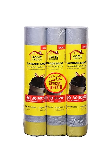 CHOICE 30 Gallons, Pack of 60-Pieces, Size 60*90 cm (20 Trash Bags X 3 Rolls), Drawstring Garbage Bags Rolls, Bio-Degradable, Bin Liners with Ribbon Neck Tie