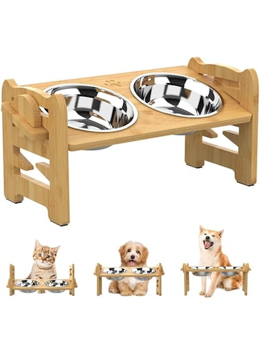 ROUNY Elevated Dog Bowls, Raised Tilted Dog Bowl, Adjustable Heights Stainless Steel Dog Dish Bowls, Removable Pet Bamboo Food Water Feeding Bowls for Small Medium Dogs Cats, Home &amp; Outdoor Use