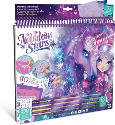 دفتر رسم للأطفال بتصميم خيول خيالية ونجوم ضبابية - 35 صفحة كبيرة مزينة برسومات استنسل باللون الأرجواني، يأتي مع 80 استنسل.