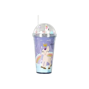 BPA-free unicorn water bottle with 3D lid, straw, and bubbles. Fun double wall cup for all ages!