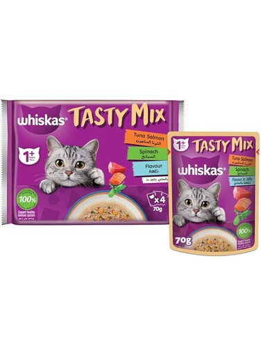 Whiskas Tasty Mix Wet Cat Food, Tuna Salmon with Spinach in Jelly, Pack of 4x70g, Wet Cat Food For Adult Cats
