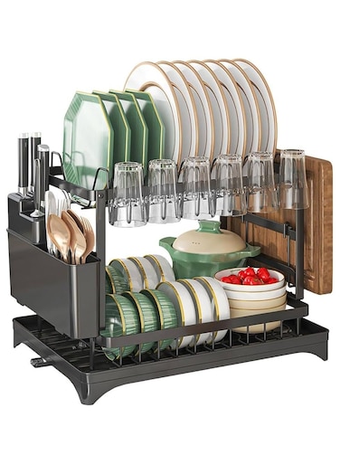 Tier Dish Drying Rack with 360&Acirc;&deg; Spout Drainboard, Cutlery Holder, Cutting-Board/Cup Holder and 3 Hooks for Kitchen Counter, Rust-Proof Large Dish Drainer, Black