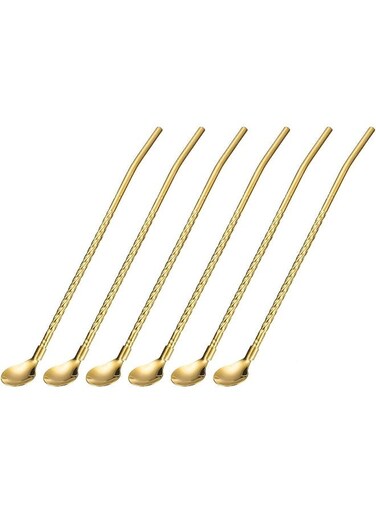 Stainless Steel Spoon Straws, Reusable Metal Long Handle Drinking Straws Spoon for Milkshake Drinks Cocktail Gold