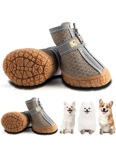 Dog Shoes, 4 Pcs Size 1 Anti-Slip Breathable Waterproof Dog Booties, Boot Paw Protector for Small Dog, Dog Hiking Shoes with Reflective Adjustable Strap Zipper, Puppy Shoe for Hot Pavement Winter Snow