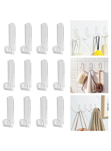 Oasisgalore 12 Pcs Self Adhesive Hooks,No Drilling Sticky Hooks,Wall Mounted Creative Clothes Hook,Modern Minimalist Style Wall Hooks for Shower,Kitchen,Living Room,Office(Transparent)