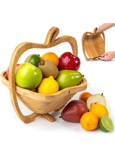 Masroo Countertop Fruit Basket, Collapsible Wooden Apple Fruit Bowl, Bamboo Fruit Basket for Kitchen Natural Wood Cutting Board, Folding Bowl House Decor Accessories, Rectangular Storage Stand