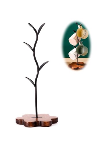 Mug Holder, Countertop Mug Tree with 4 Hooks, Leaf Shaped Coffee Mug Stand with Wooden Base, Kitchen Organizer for Coffee Cups, Country Style Mug Holder, Brown