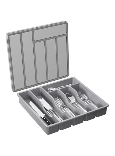Durku Silverware Organizer with Lid, Covered Utensil Tray for Kitchen Drawer and Countertop, Plastic Cutlery and Flatware Storage Box for Spoons Forks Knives Holder Case, 6 Compartments (Grey)