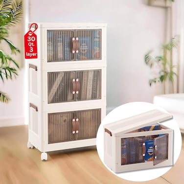 3 Tier Folding Storage Bins with Doors &ndash; Magnetic Door Foldable Storage Cabinet - Folding Storage Box with Leather Handles - Stackable and Collapsible Storage Containers for Toys, Pantry