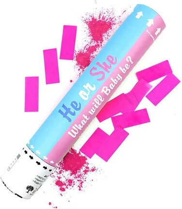Pink Gender Reveal Confetti Cannon [30 cm] - Party Poppers with Safe Powder Smoke for Pregnancy Announcement and Baby Girl Gender Reveal Party