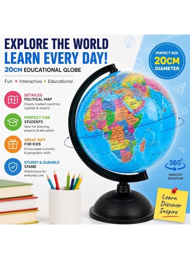 20cm Educational World Globe with Rotating Stand &ndash; Political Map Earth Globe for Kids, Students, Home &amp; Classroom Learning