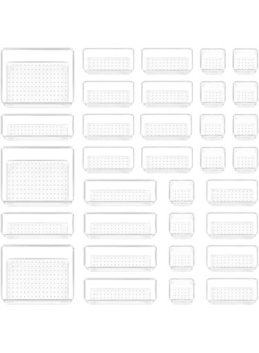 Vtopmart 37 PCS Clear Plastic Drawer Organiser Set, 4-Size Versatile Kitchen, Bedroom and Bathroom Drawer Organizer Trays, Storage Organizer for Makeup, Jewelry, Kitchen Utensils and Office