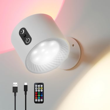 Baytion Wireless Wall Lamp,Rechargeable Wall Lamp with 3 Color &amp; Dimmable RGB Colors Wall Lighting,Wireless Reading Light with 360&deg;Rotatable Wall Sconce for Bedside,Stairs Gallery (White)
