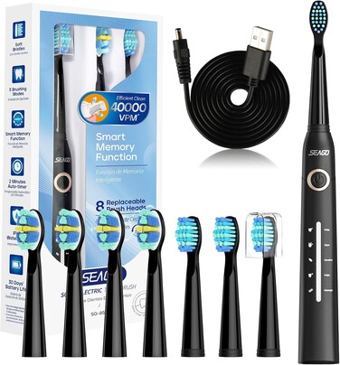 Seago Electric Toothbrush for Adults, with 8 Heads and 5 Modes, Rechargeable Sonic Tooth Brush One Charge for 30 Days, with 2 Mins Timer,SG958(Black)