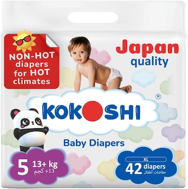 Kokoshi Premium Baby Diapers Size 5 (13+kg), 42 Pcs &ndash; Ultra-Soft, Hypoallergenic, 12h Protection, Breathable, Leak-Proof Japanese, Wetness Indicator