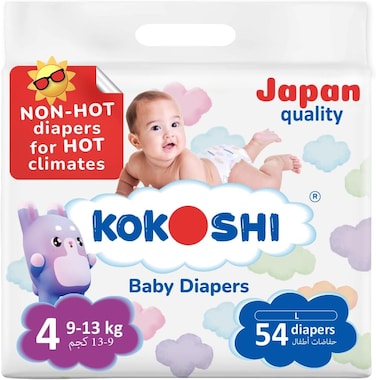 Kokoshi Premium Baby Diapers Size 4 (9-13kg), 54 Pcs &ndash; Ultra-Soft, Hypoallergenic, 12h Protection, Breathable, Leak-Proof Japanese, Wetness Indicator