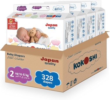Kokoshi Premium Baby Diapers Size 2 (Up to 6kg), 328 Pcs &ndash; Ultra-Soft, Hypoallergenic, 12h Protection, Breathable, Leak-Proof Japanese, Wetness Indicator