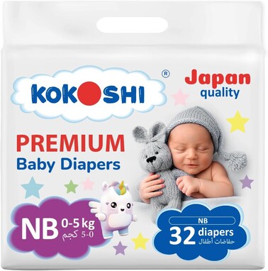Kokoshi Premium Baby Diapers Size Newborn (0&ndash;5kg), 32 Pcs &ndash; Ultra-Soft, Hypoallergenic, 12h Protection, Breathable, Leak-Proof Japanese, Wetness Indicator