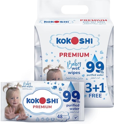 Kokoshi Baby Wet Wipes, 99% Pure Water with Vitamin E, Hypoallergenic, Alcohol &amp; Fragrance Free, 192 Wipes (3+1 Value Pack) for Newborns &amp; Sensitive Skin