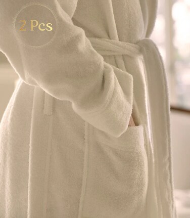 مجموعة مكونة من قطعتين - أرواب حمام (للجنسين) - أرواب حمام فائقة النعومة 100% قطن تيري عالية الامتصاص للنساء والرجال - مقاس البالغين، اللون أبيض