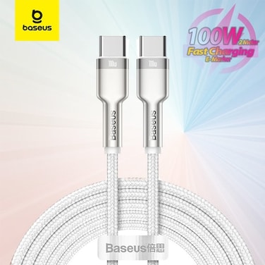 Type C Cable, 100W USB C to C Fast Charging Cable PD3.0 5A, Braided Nylon Phone Charger USB C Cable for iPhone 15 Pro Max, 15 Plus, iPad mini,  Pro/Air, iPad Pro, Samsung S23+,  P60 2M White/Silver