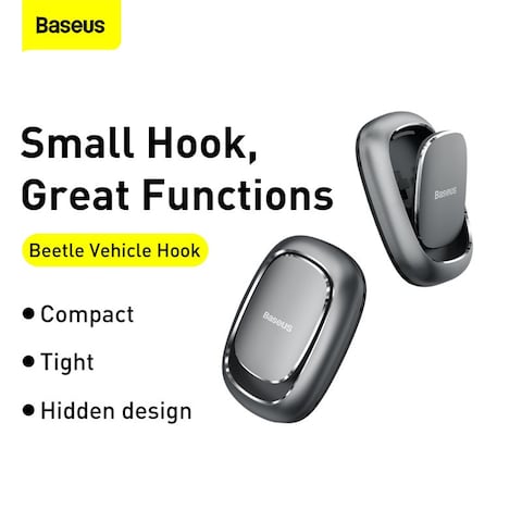 Baseus Beetle Car Hooks, 2Pcs Aviation-Grade Aluminum Alloy, Multi-Purpose Hanger, Hidden Design, Bendable Silicone Pad, 3M Sticker Holder - Grey