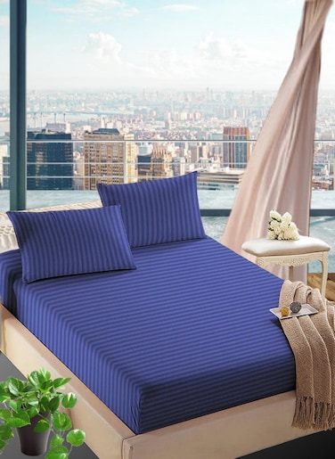 Navy Blue Cotton Double Striped Fitted Elastic Bedsheet 150x200+25cm