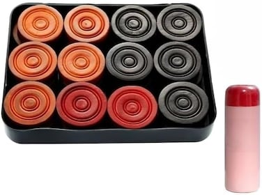Professional Wooden Carrom Coins Set, 12 Pieces with Powder, Black, Orange and Red